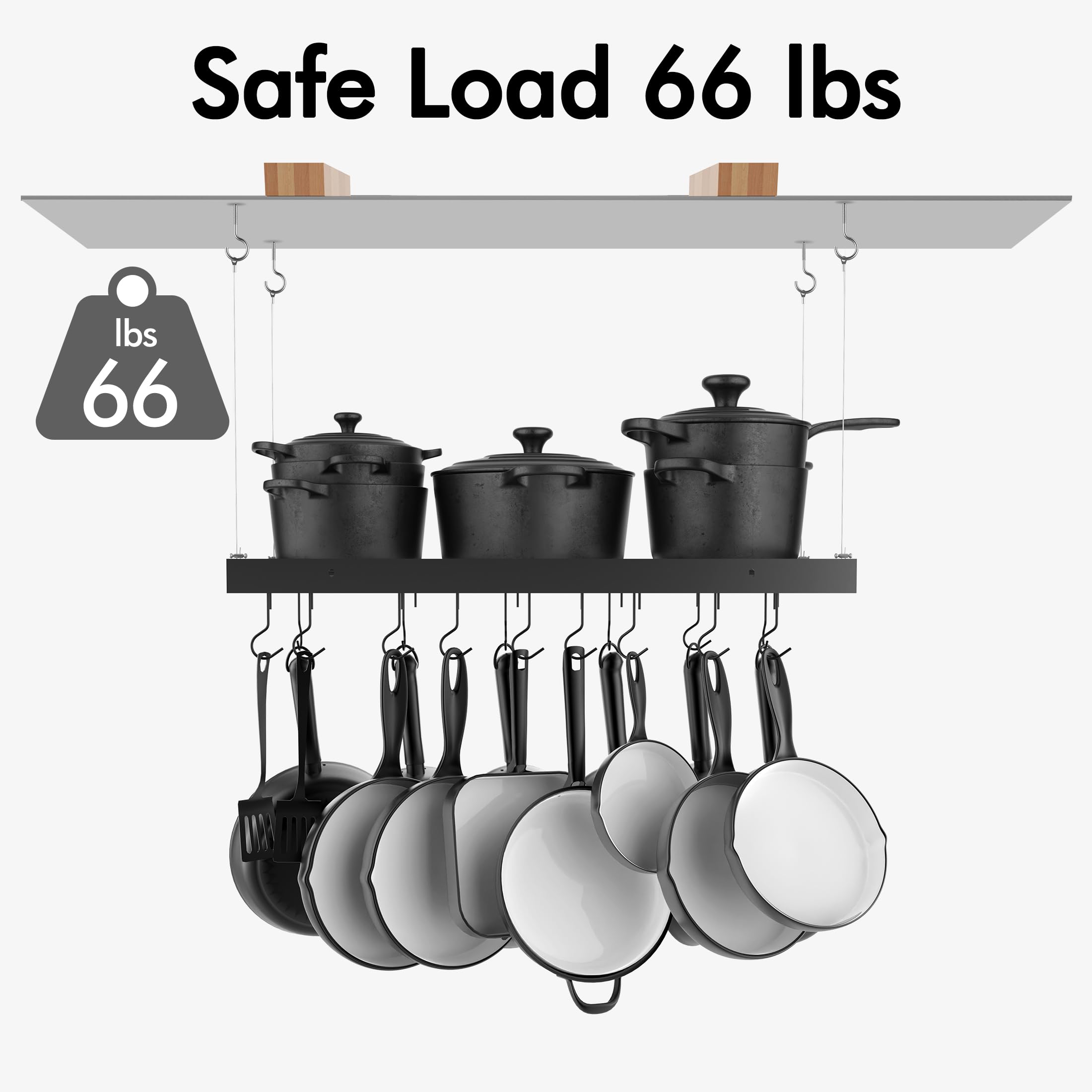 Kes Ceiling Pot Rack 30 Inches, Hanging Pots And Pans Organizer Rack For Ceiling With 15 Hooks, Matt Black Kitchen Pot Hanger Ra